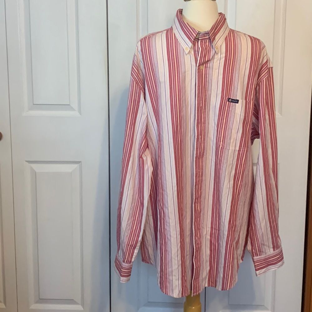 Chaps Red Pink Striped Button Down Shirt Easy‎ Care XL